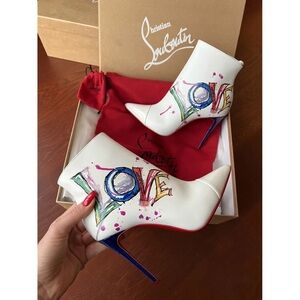 Christian Louboutin White and Red Heeled Boots with Graffiti Design